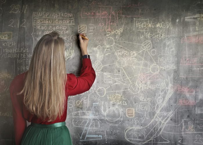 Woman in Red Long Sleeve Writing On Chalk Board