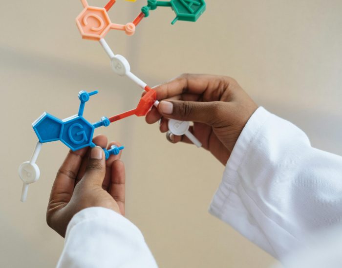 Crop chemist holding in hands molecule model